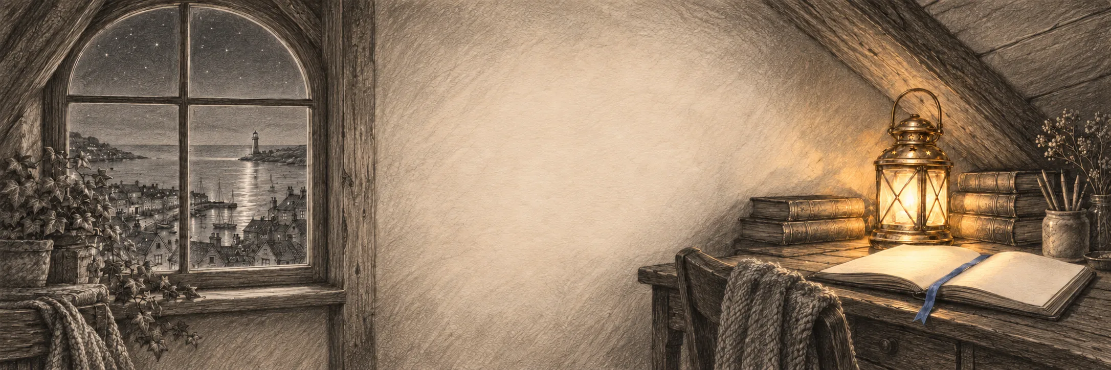 Ida's attic at night: a brass lantern glowing on her desk beside an open book, and the harbor and lighthouse through the window.